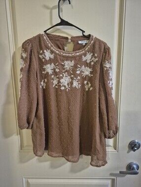 Embroidered Swiss Dot Puff-Sleeve Blouse